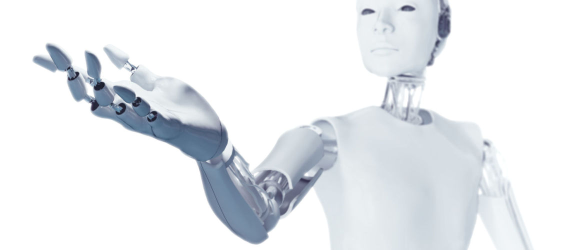 Robot with arm extended, computer illustration.