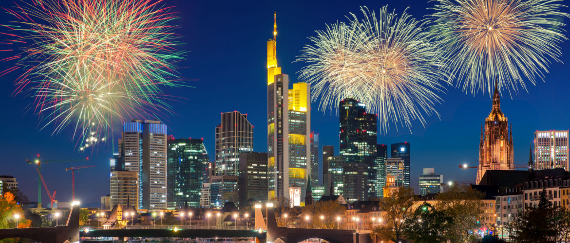 City of Frankfurt am Main skyline at night with firework New year celebration, Frankfurt, Germany.