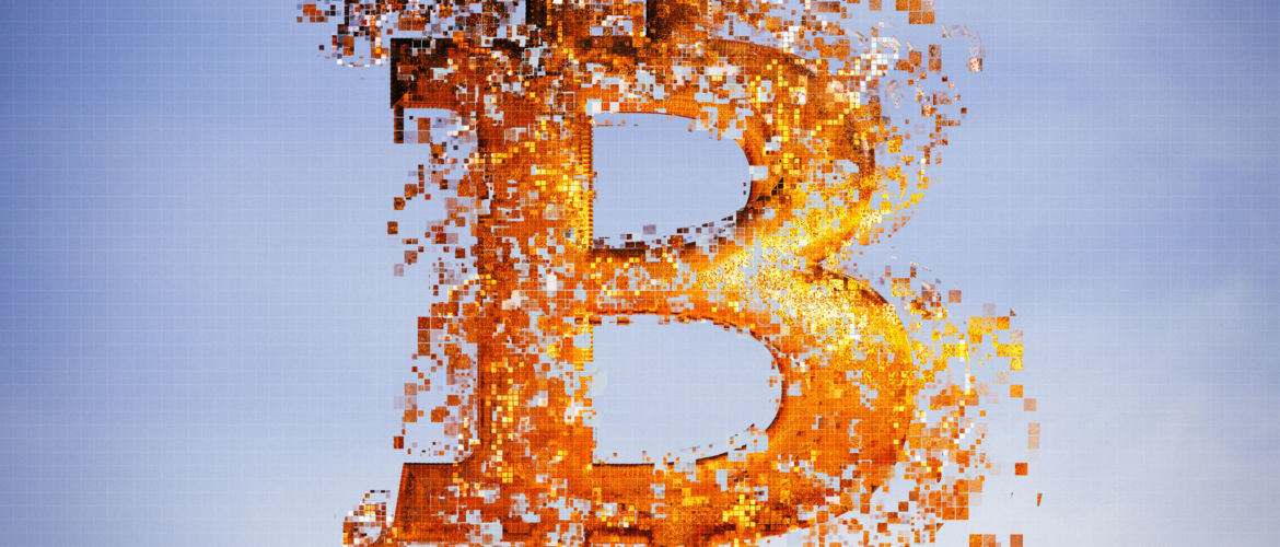 GettyImages: Pixelated bitcoin symbol in sky