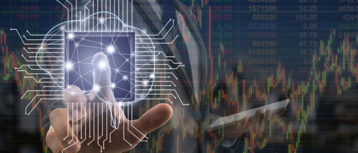 AI and technology business trading concept, Double exposure of Businessman pointing the Artificial intelligence of brain technology over Stock market exchange information on cityscape background